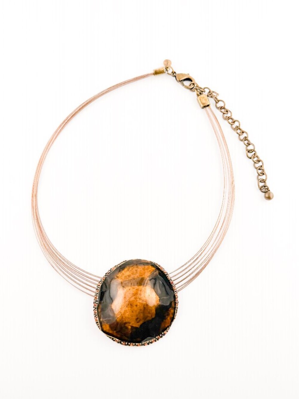 Chico's Amber Resin Cabochon Multi Strand Wire Statement Necklace Rhinestone